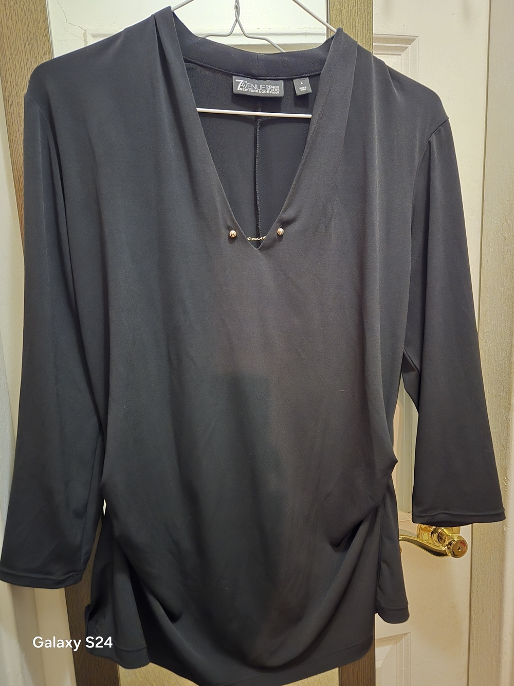 New York & Company Black V-Neck Long-Sleeve Rauched Top with Gold Accent